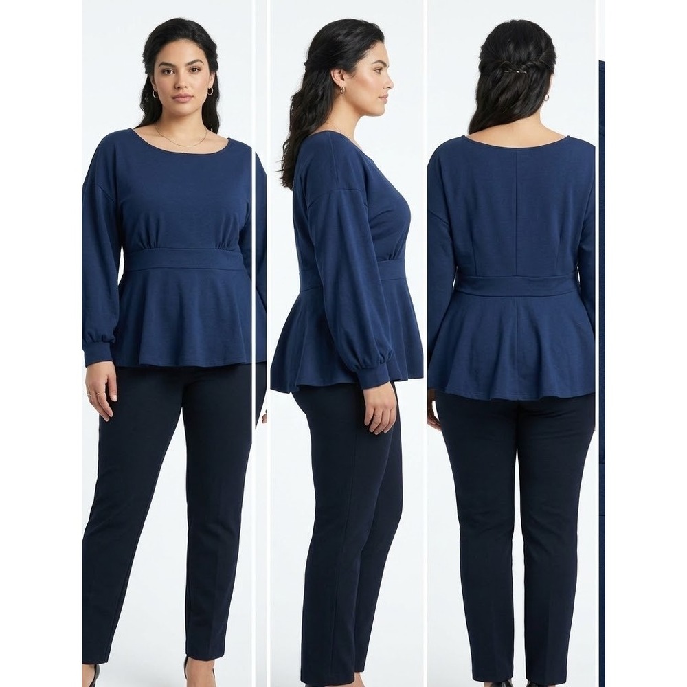 ELOQUII Peplum Tunic Blouse Top Womens 16 Navy Blue Long Sleeve Everyday Comfort